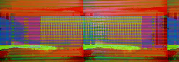 Abstract composition featuring horizontal scan lines and digital distortion effects overlaying geometric rectangles in vibrant colors—neon yellow, magenta, cyan, and orange—creating a glitched, layered visual effect that merges digital pixelation with painted forms.