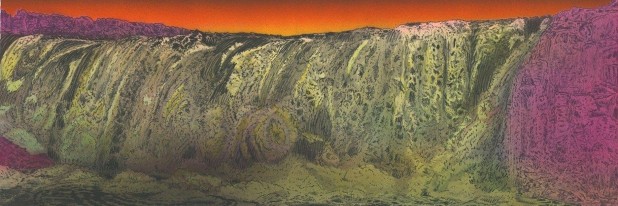 Abstract landscape with layered, undulating forms in shades of yellow-green and moss tones beneath a dramatic orange and purple sky, rendered with textured, gestural brushwork that creates a sense of movement and depth across the composition.