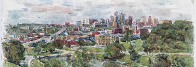 Watercolor landscape depicting a sprawling cityscape with tall buildings in the distance, surrounded by lush green trees and parks in the foreground, rendered in soft blues, greens, and earth tones with loose, atmospheric brushwork.
