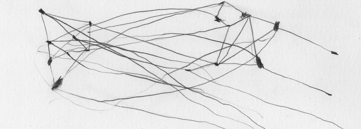 Black ink lines and connected points form an abstract, three-dimensional web-like structure against a white background, suggesting interconnected nodes and pathways that stretch across the composition with an unstable, fragile quality.