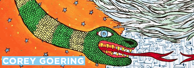 A vivid mixed-media composition featuring a serpentine creature with green scaled body, prominent eye, and red fanged mouth against a bright orange background scattered with small stars. The right side transitions to intricate black line patterns and geometric designs on a light ground, creating a dynamic contrast between the boldly colored left half and the densely patterned right half.