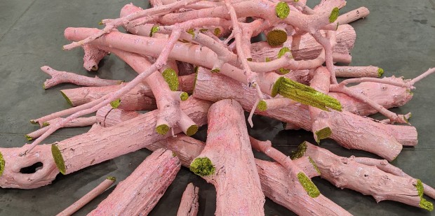 Radiating arrangement of pink-painted wooden branches with bright yellow-green moss or lichen growth, assembled in a circular pattern against a gray floor, evoking themes of life, decay, and renewal.