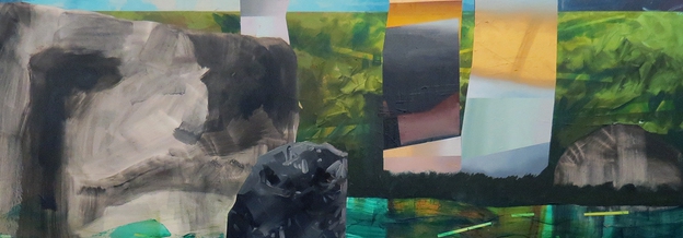 Abstract mixed-media composition featuring layered painted landscapes in muted greens and grays, overlaid with rectangular strips of landscape photography in warm and cool tones. Dark gestural marks and sanded surfaces create a palimpsestic effect, blending painted and photographic elements that suggest fragmented memories and accumulated layers of recollection.