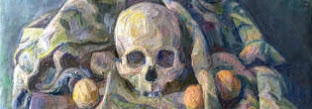 Still life composition featuring a human skull surrounded by golden and ochre-toned fruits and objects against a dark background, painted in a representational style with warm, muted colors and careful attention to light and shadow.