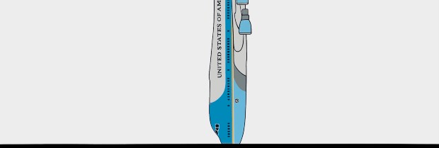 A blue and gray toothbrush stands vertically against a white background, its bristles pointing downward toward a black horizontal line suggesting a surface or horizon.