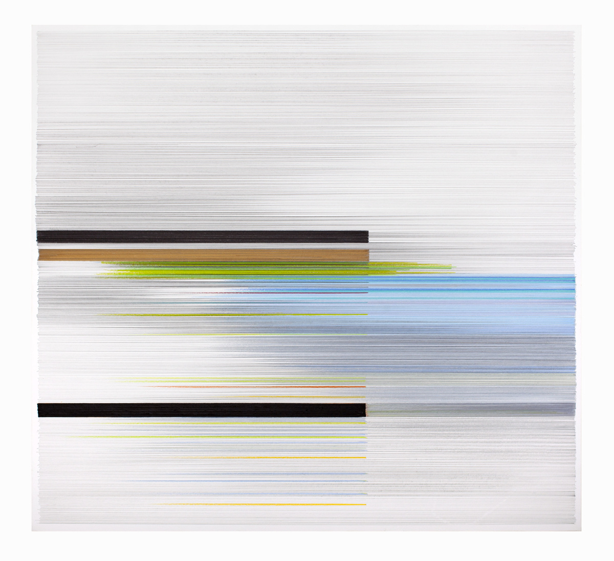 Horizontal bar chart composed of layered colored lines and graphite gradients, featuring bands of black, brown, yellow-green, and blue that extend across the composition at varying lengths, creating a sense of movement and visual rhythm against a lighter background.