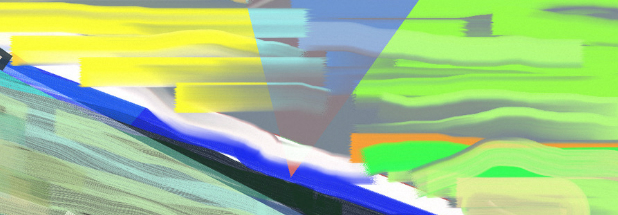 Abstract composition with vibrant layered bands of yellow, green, blue, and orange arranged diagonally across the frame, creating transparent overlapping planes of bright color against a neutral background.