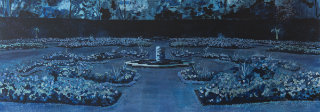 Blue-toned landscape painting depicting a symmetrical formal garden or institutional grounds viewed from above, with organized geometric pathways, manicured lawns, and architectural elements arranged around a central structure, rendered in deep navy, cool blues, and silvery accents with hand-drawn botanical details throughout.