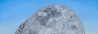 A large spherical sculpture with a textured, weathered surface rendered in gray and white tones against a clear blue sky, suggesting an ancient or celestial form built up through layered materials.