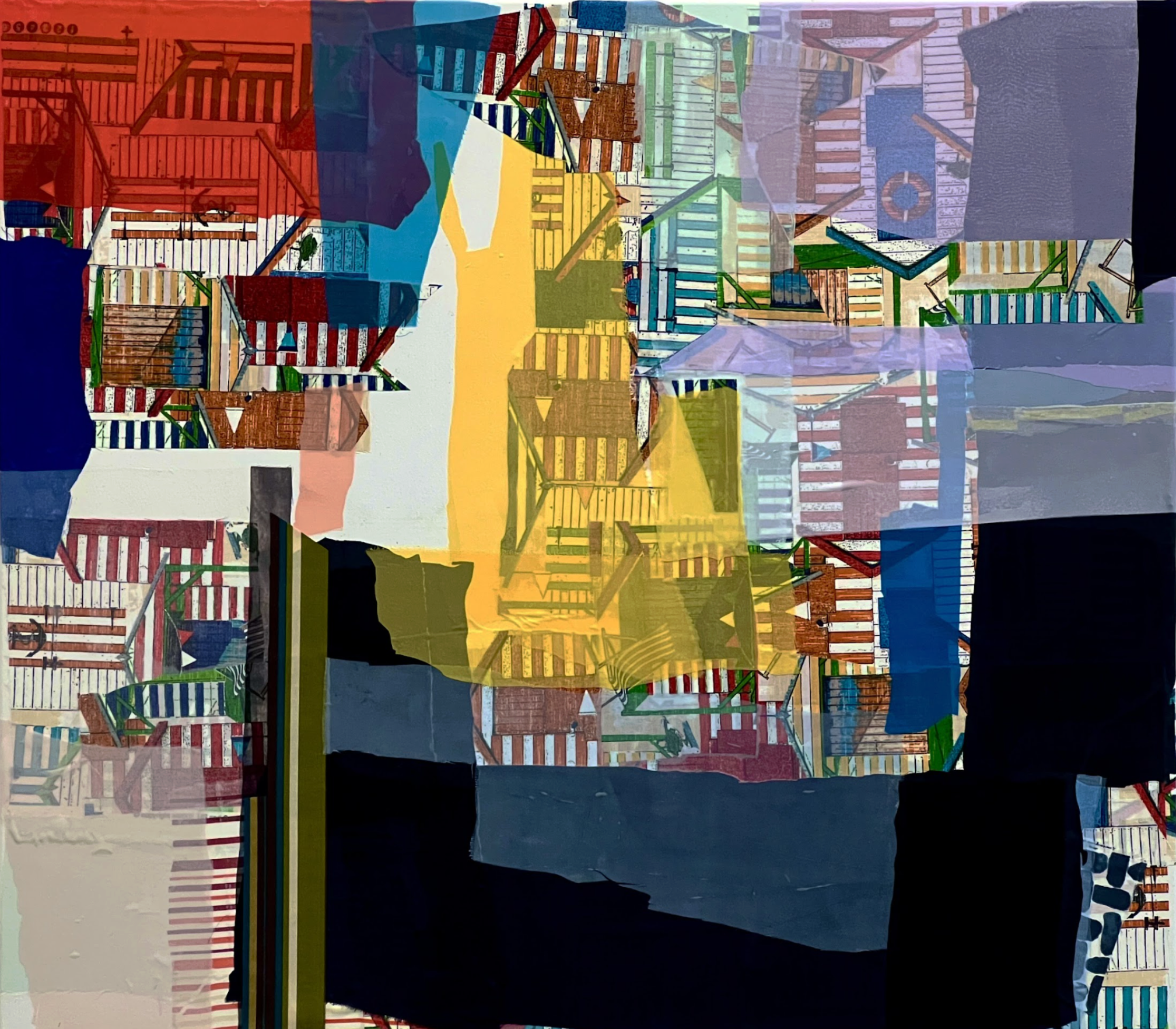 Layered abstract composition featuring fragmented architectural elements—wooden railings, building facades, and geometric forms—rendered in overlapping sections of red, yellow, blue, green, and neutral tones. Misaligned color registers and translucent overlays create a sense of excavation and visual complexity across the mixed-media surface.