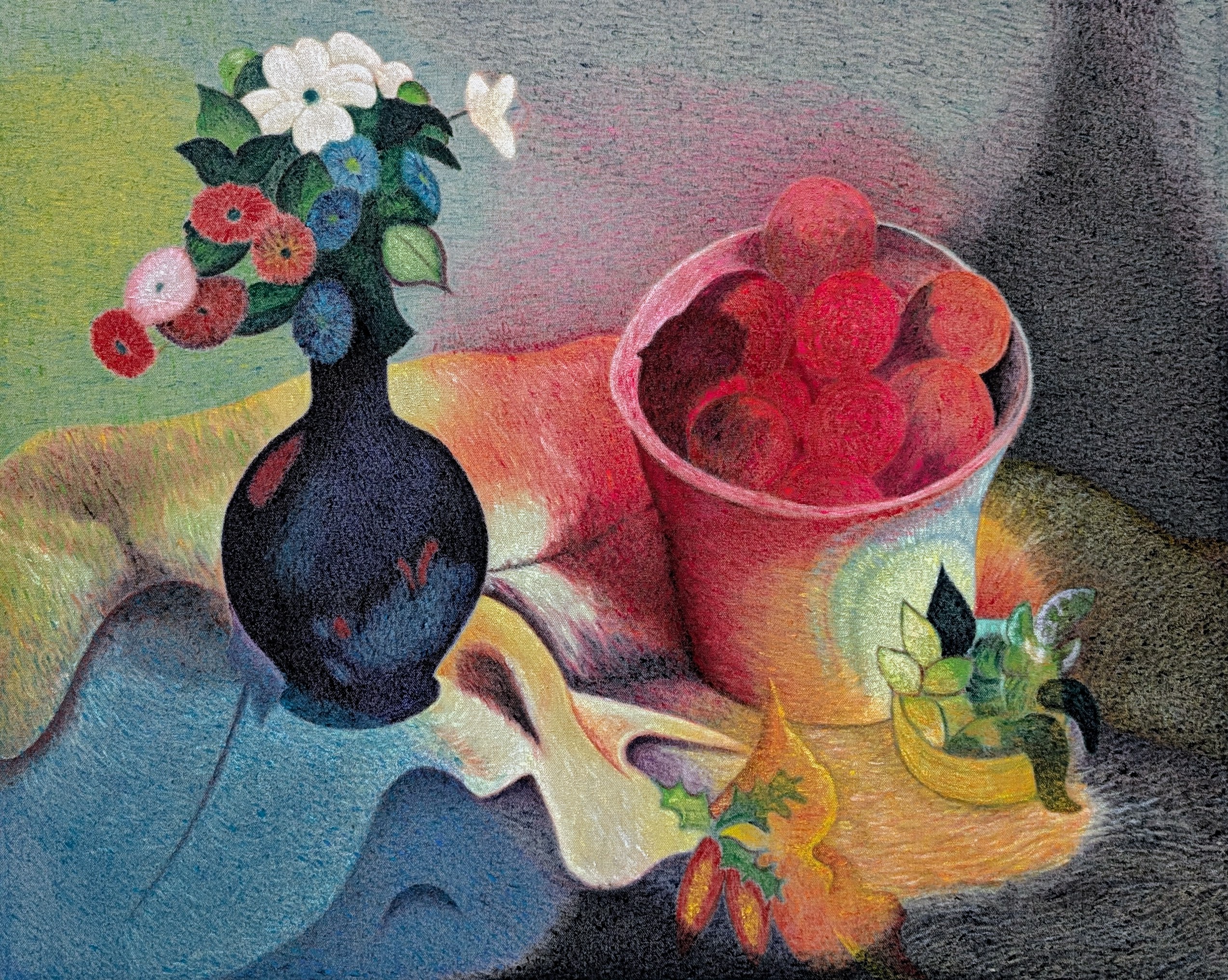 Still life composition featuring a dark blue vase with white and colorful flowers, a pink bowl overflowing with red spheres, and a decorative vessel with yellow-orange tones and green foliage, set against a soft, gradient background rendered in muted greens, pinks, and grays with textured brushwork.