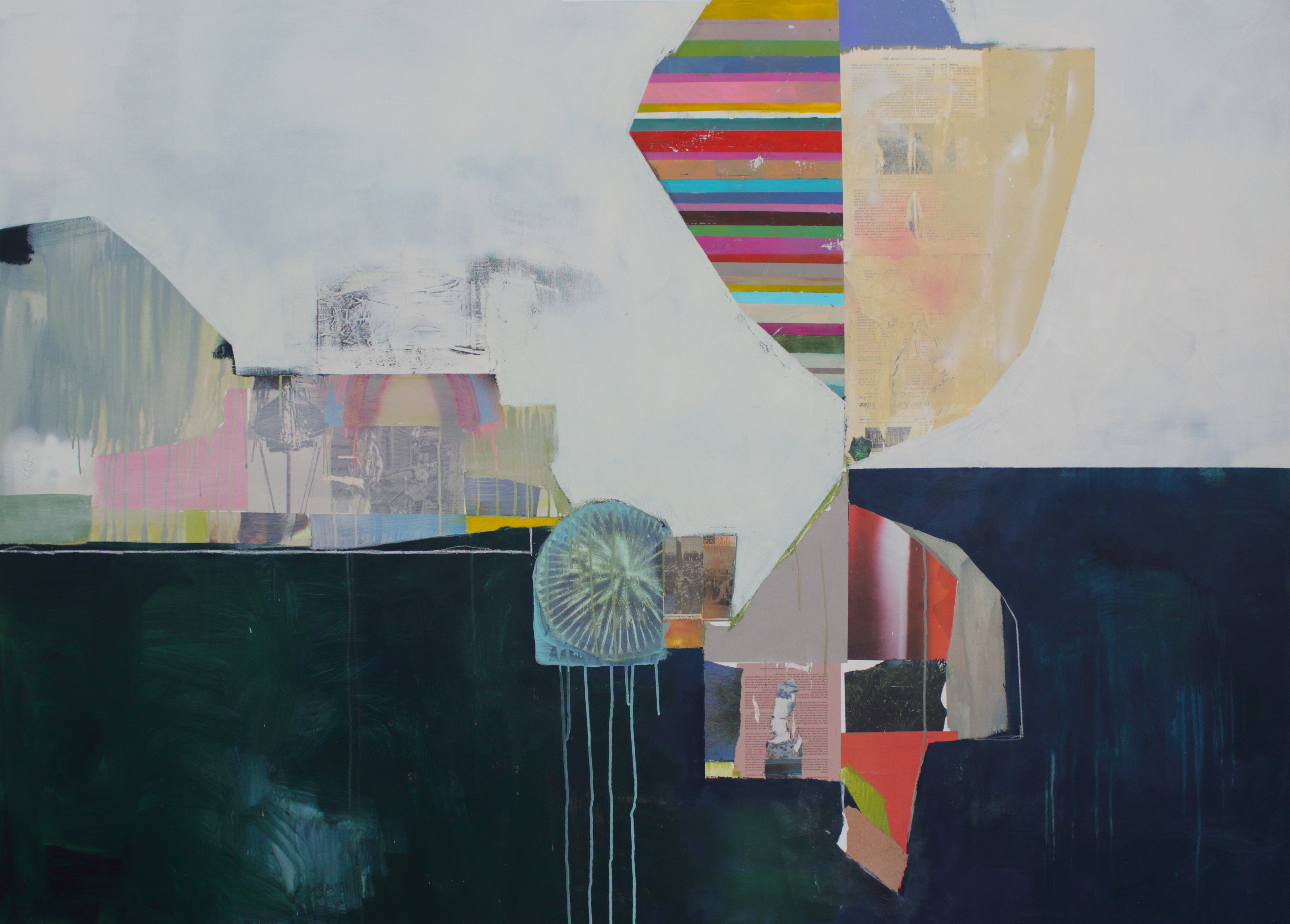 Abstract mixed-media painting combining collage fragments, architectural photographs, and geometric shapes layered beneath gestural paint strokes. Vibrant horizontal stripes in jewel tones contrast with large areas of dark green and navy, while cream and tan tones create negative space throughout the composition.