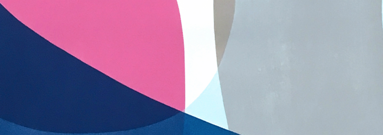 Abstract composition featuring layered geometric shapes in navy blue, hot pink, white, light blue, and gray, with curved and angular forms creating a sense of depth and movement across the composition.