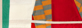 Geometric textile composition featuring hand-cut pieces of patterned and solid fabrics in green, orange, gray, red, and cream arranged in an abstract planar design. Layers of translucent and opaque silk create areas of overlapping color and pattern that shift across the surface.