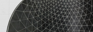 A curved sculptural surface densely patterned with small triangular facets creates a geometric lattice that transitions from dark charcoal to lighter gray across the composition, suggesting depth and dimensionality through precise angular divisions.