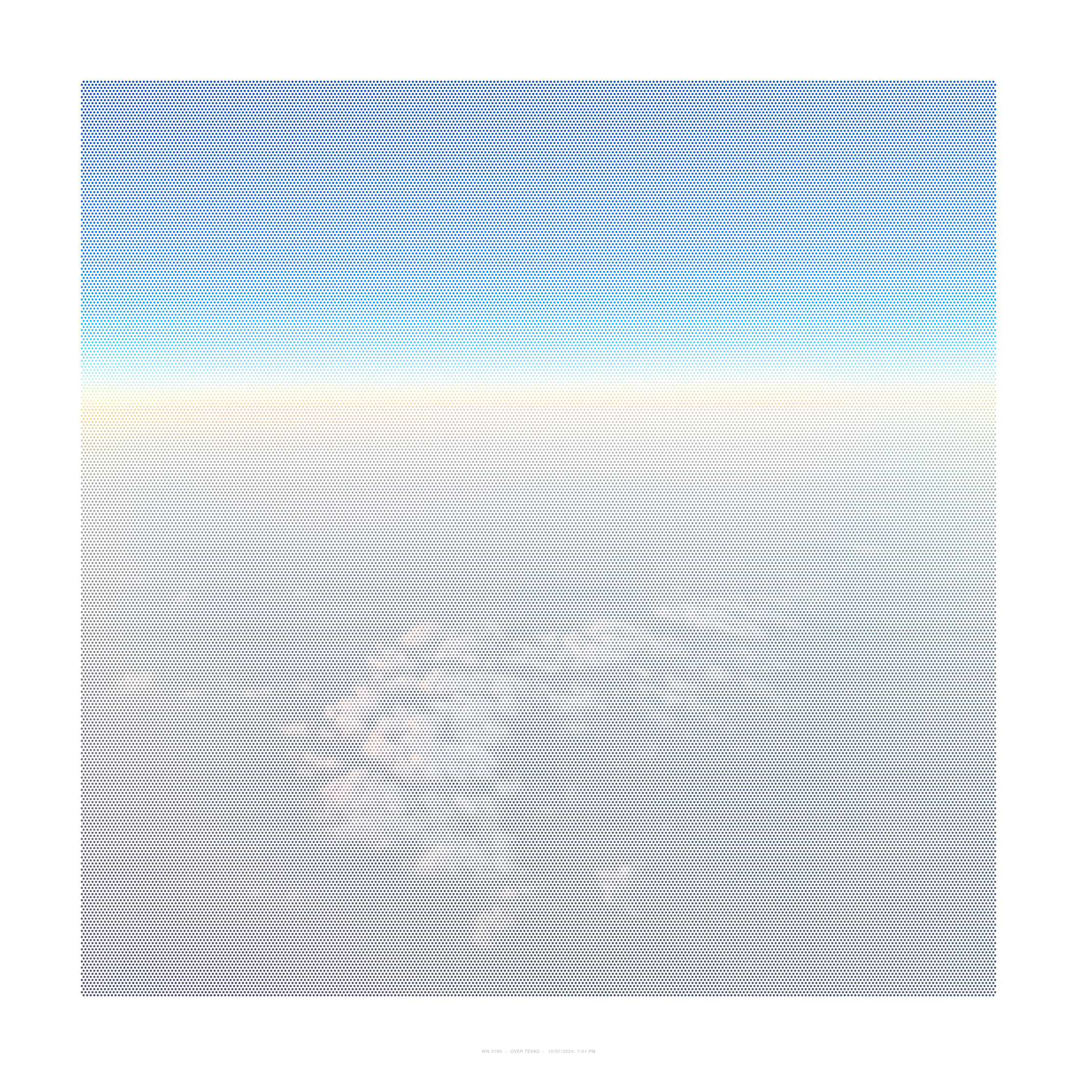 A gradient composition transitions from deep blue at the top to pale cream at the bottom, rendered entirely in a halftone dot pattern that creates a soft, atmospheric effect reminiscent of a view through an airplane window capturing the curvature of Earth and thinning atmosphere.