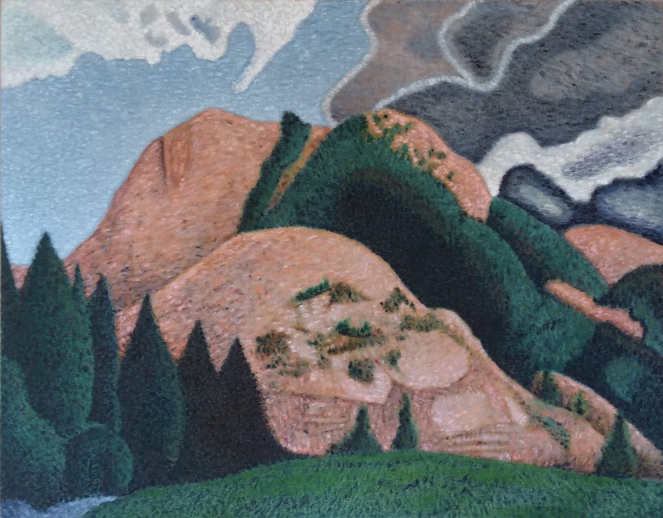 A stylized landscape painting featuring rolling hills rendered in warm terracotta and rust tones, dotted with clusters of deep green evergreen trees. A bright blue sky and layered rocky formations create depth, while the composition employs a modernist, somewhat abstracted approach to depicting mountainous terrain.