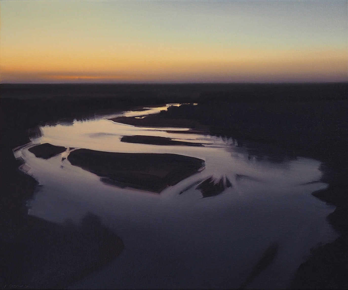 Aerial view of a winding river at dusk with meandering channels of reflective water cutting through dark forested land, islands of vegetation creating sinuous patterns against the golden-amber sky at twilight.