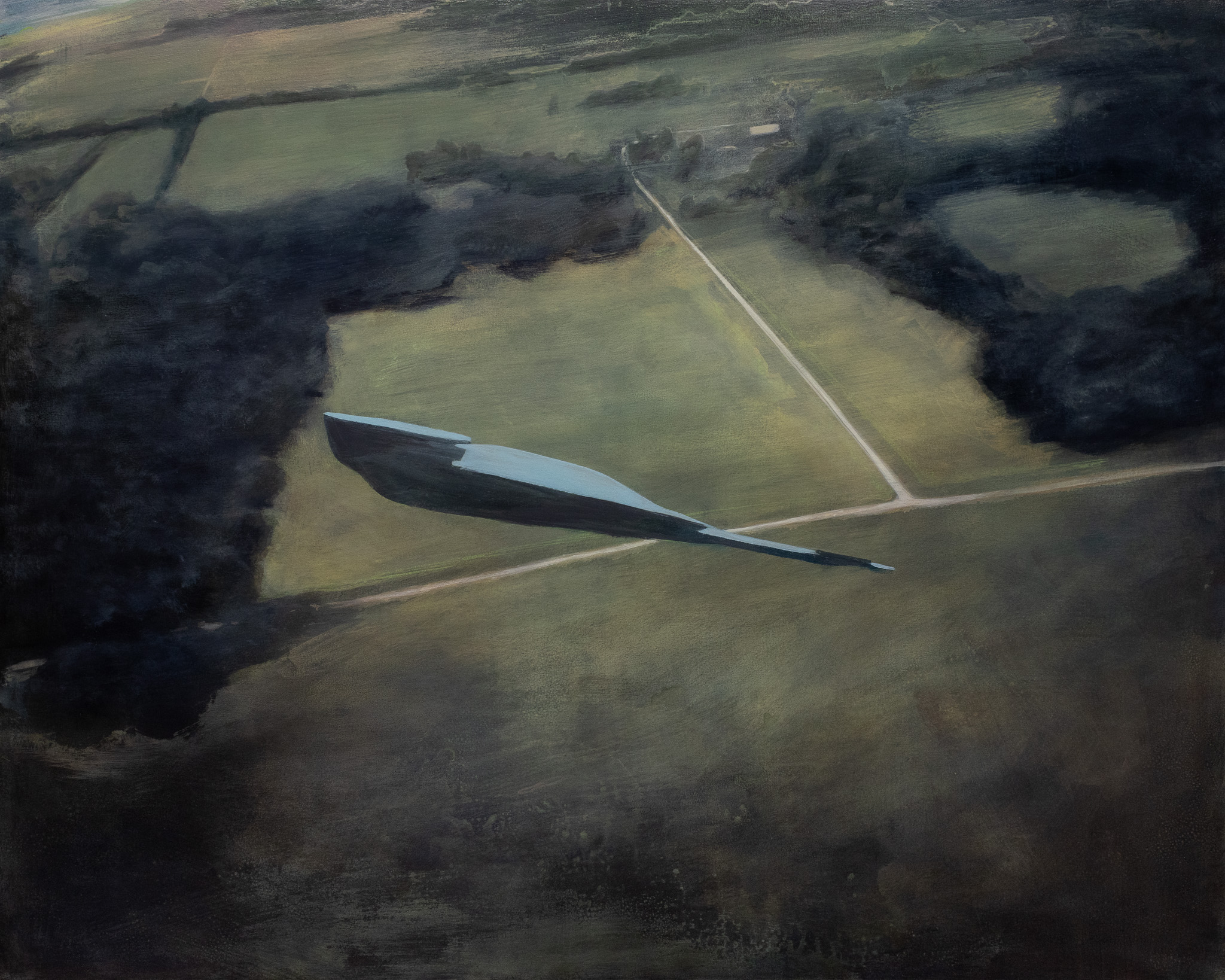 Aerial view of a sleek, elongated aircraft or stealth vehicle positioned diagonally across a pale green field, bordered by dark forested areas and intersecting roads, rendered in muted earth tones with subtle atmospheric depth.