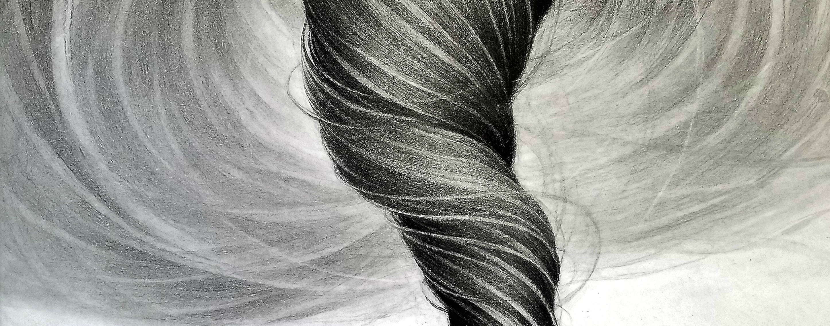 Charcoal drawing depicting a swirling mass of long, black hair rendered with dramatic diagonal strokes against a light gray background, creating a dynamic, tornado-like composition with fine detailed linework and strong tonal contrasts.