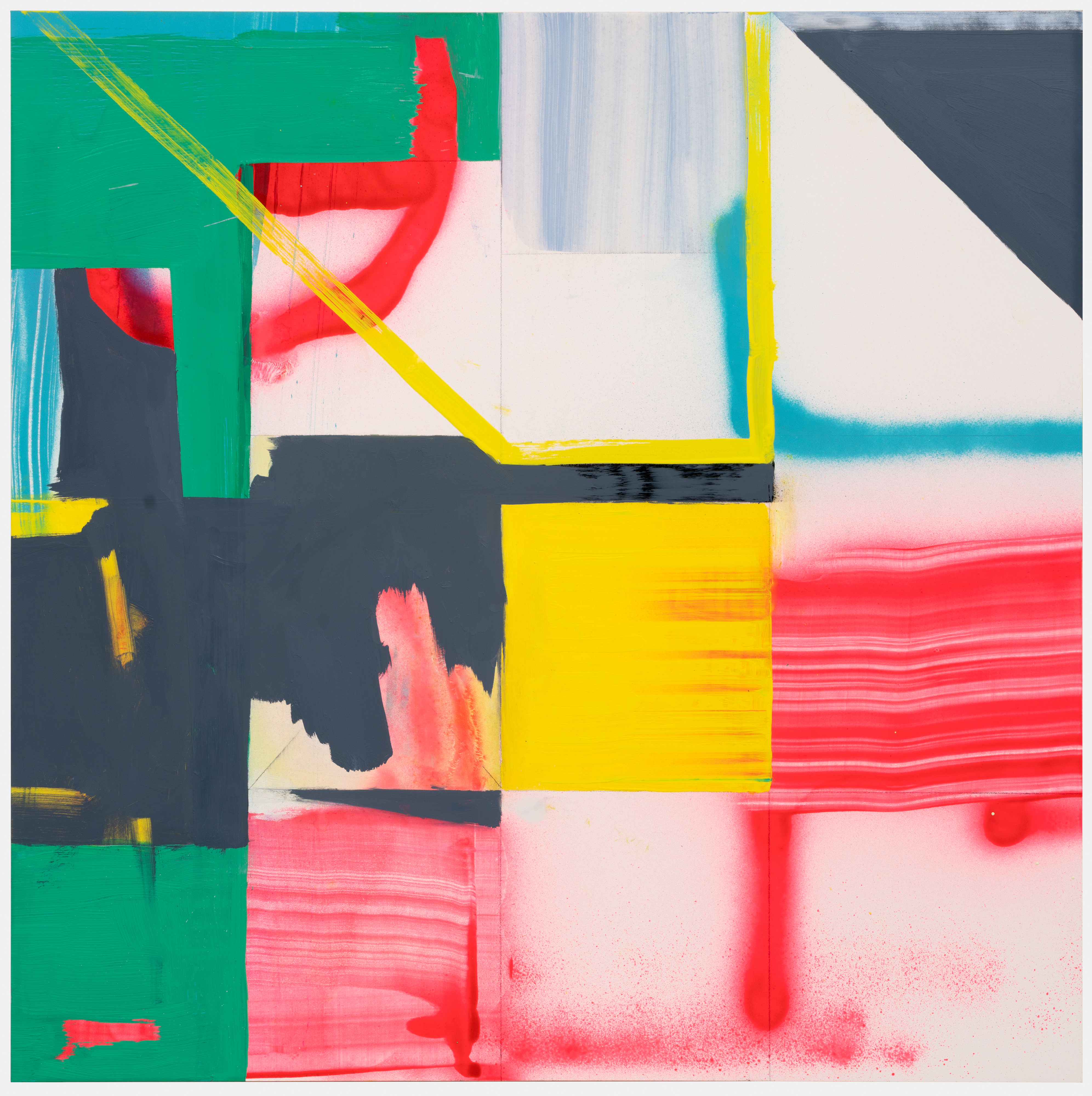 Abstract composition with bold geometric shapes in vibrant colors—red, yellow, green, and teal—layered across a predominantly white canvas. Crisp rectangular forms and dynamic linear elements create a sense of movement, while painterly gestures and soft color transitions blend with sharply defined blocks, suggesting a balance between structure and spontaneity.