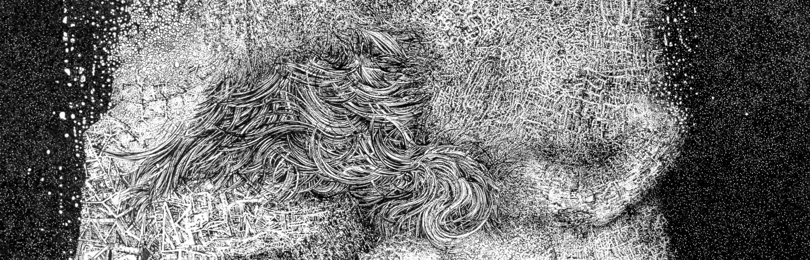 A stippled black and white drawing depicting an ornate, flowing form with elaborate curved lines and swirling patterns, set against a densely textured background that transitions from dark to light. The central figure appears to be in constant transformation, rendered entirely through countless small dots that create a sense of movement and ethereal uncertainty.