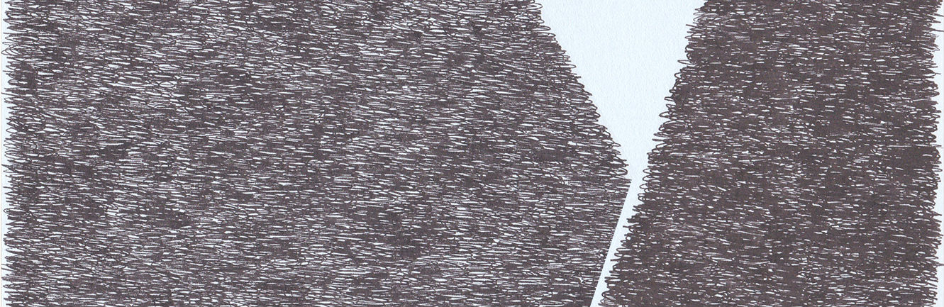 Two dark textured rectangular forms separated by a white vertical gap, their surfaces densely covered with fine horizontal lines creating a grainy, gestural quality against a light background.