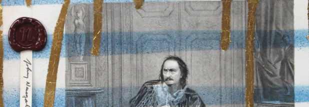 Mixed media collage featuring a historical portrait of a man with a mustache overlaid with blue and white striped fabric, gold leaf accents, and a red wax seal with handwriting in the upper left corner.