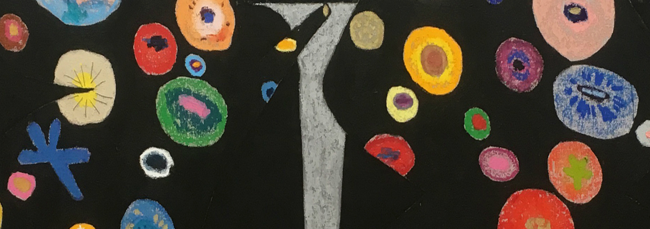 Abstract composition featuring numerous circular and organic forms with contrasting centers scattered across a black background, divided by a vertical gray element. Circles in vibrant colors including red, yellow, blue, green, and pink contain darker central shapes, while a blue cross form appears on the left side, creating a celestial or microscopic quality rendered in textured paint.