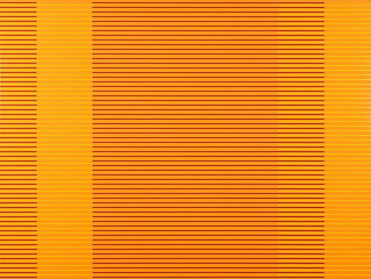 Geometric abstract composition with three vertical sections: narrow bands of fine horizontal lines in rust and gold on the left and right edges frame a wider central panel of densely packed horizontal stripes in warm orange and ochre tones.
