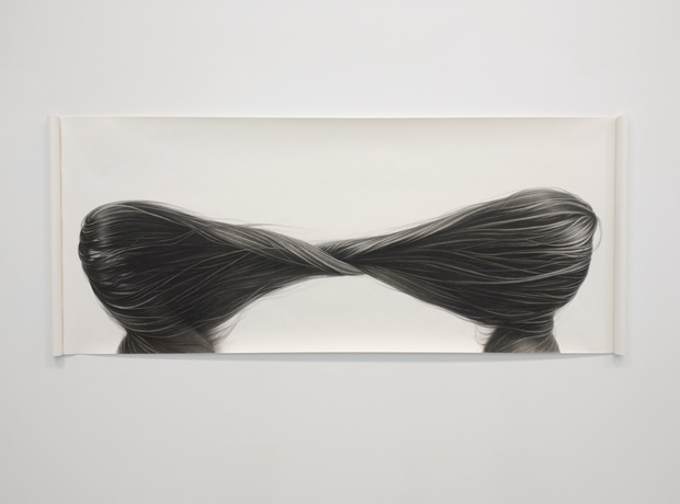 Two strands of long black hair meet and intertwine at the center of a white rectangular composition, rendered in layered charcoal with dramatic highlights and soft shadows creating a three-dimensional effect.