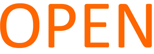 Large bold letters spelling "OPEN" in bright orange against a white background, rendered in a sans-serif typeface with thick, uniform strokes and rounded corners.