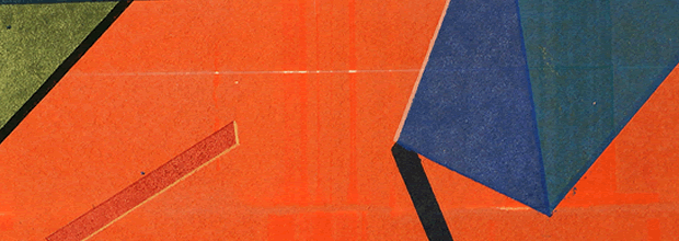 Abstract monoprint featuring overlapping geometric shapes in vibrant orange, navy blue, and teal, with subtle transparent layers and sharp black lines creating depth and movement across the composition.